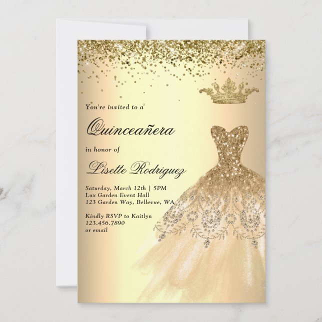 Invitación Lujo Vestido de Oro Crown Quinceanera (Anverso)