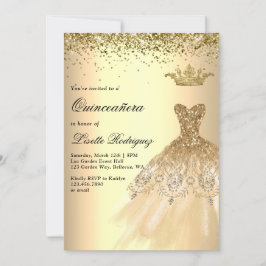 Invitación Lujo Vestido de Oro Crown Quinceanera