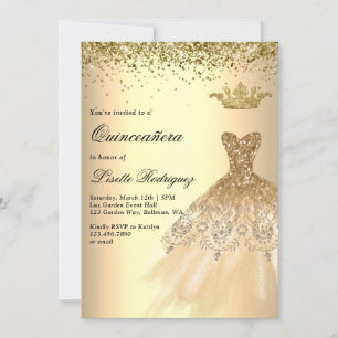 Invitación Lujo Vestido de Oro Crown Quinceanera
