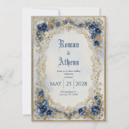 Invitación Lujo Victoriano Azul Dorado Ornado Ovalado Boda