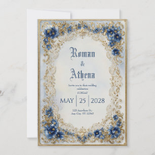 Invitación Lujo Victoriano Azul Dorado Ornado Ovalado Boda