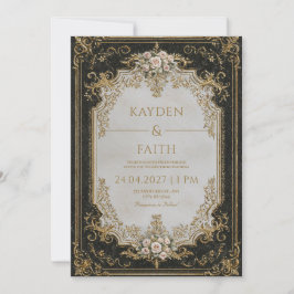 Invitación Lujo Victoriano Barra de Oro Rosa Negra Boda
