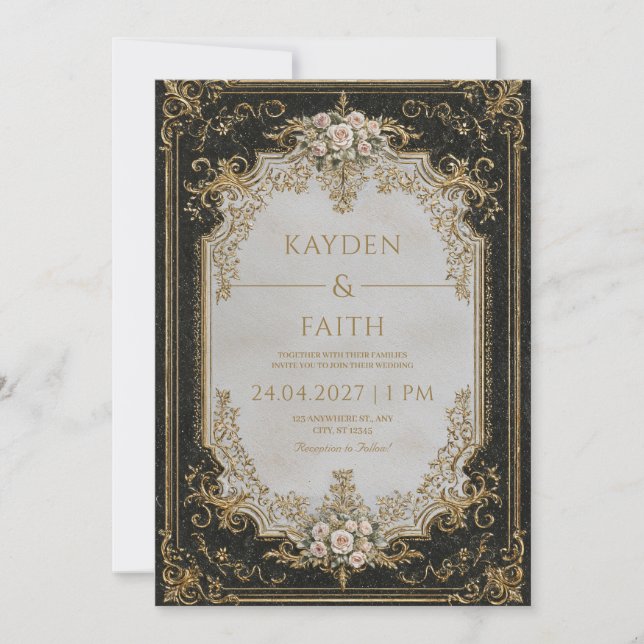 Invitación Lujo Victoriano Barra de Oro Rosa Negra Boda (Anverso)