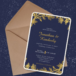 Invitación Lujosa Boda Floral de Navy y Oro Elegante
