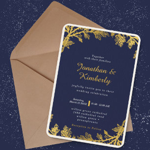 Invitación Lujosa Boda Floral de Navy y Oro Elegante