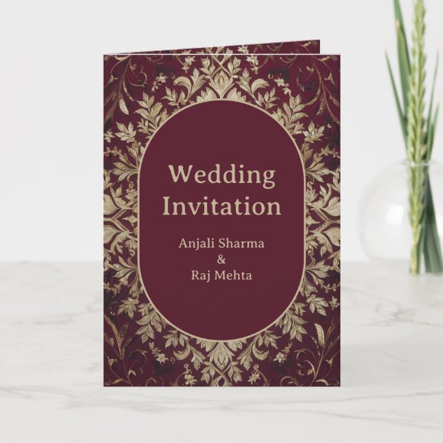 Invitación Lujosa Boda Hindú India de color Granate y Plata (Anverso)