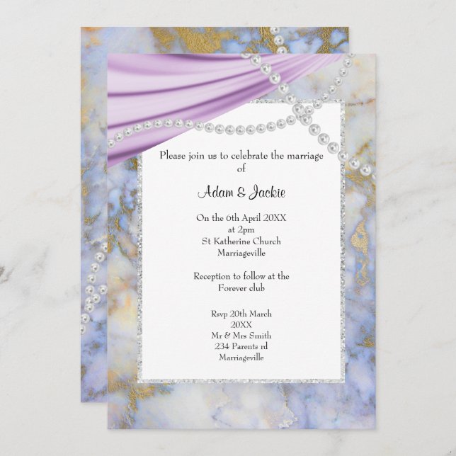 INVITACIÓN LUJOSA PURPLE MÁRMOL PEARLS BODA (Anverso / Reverso)