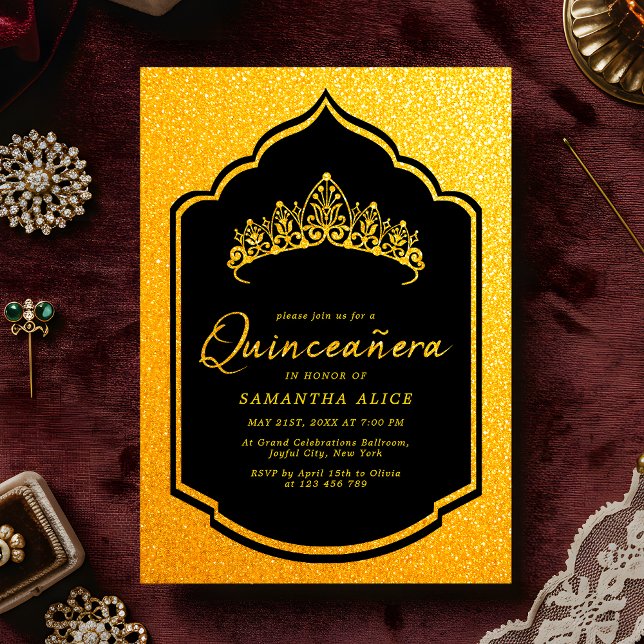 Invitación Lujosa quinceañera de la corona negra y el oro (Subido por el creador)