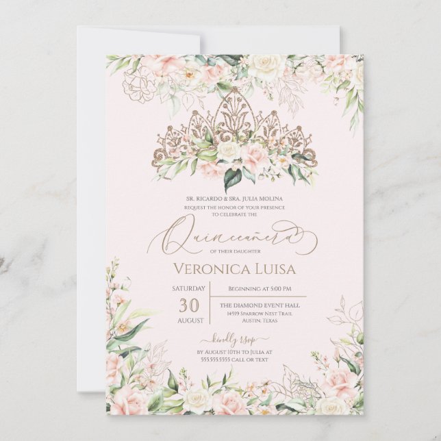 Invitación Lujosa Quinceanera de lujo suave rosa y blanco (Anverso)