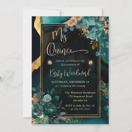 Invitación Lujosa Quinceañera Floral de Ágata Teal y Dorado