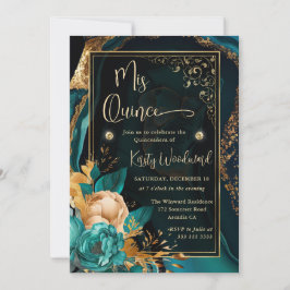 Invitación Lujosa Quinceañera Floral de Agata Teal y Dorado