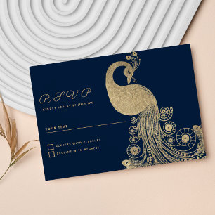 Invitación Lujosa respuesta de bodas de pavo real dorado azul