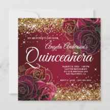 Lujosa Rosa Roja Oscura con Brillo Dorado Quinceañ