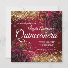 Invitación Lujosa Rosa Roja Oscura con Brillo Dorado Quinceañ