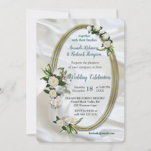 Invitación Lujosa seda blanca fluida y rosas blancas.
