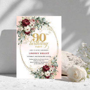 Invitación Lujosas peonías granate eucalipto 90 cumpleaños