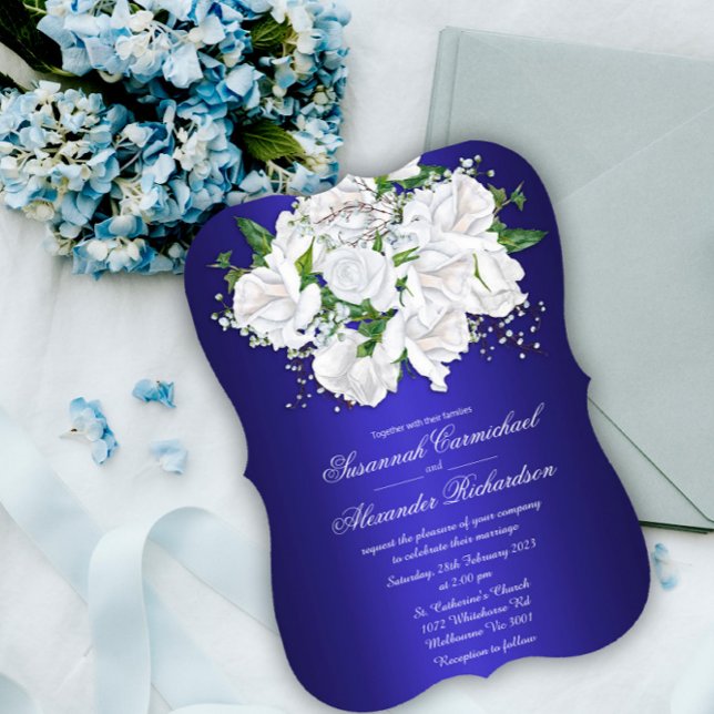Invitación Lujosas rosas blancas y Boda azul oscuro (Subido por el creador)