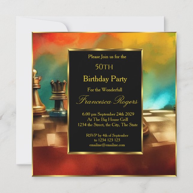 Invitación Lujoso 50 cumpleaños fiesta de oro negro multicolo (Anverso)