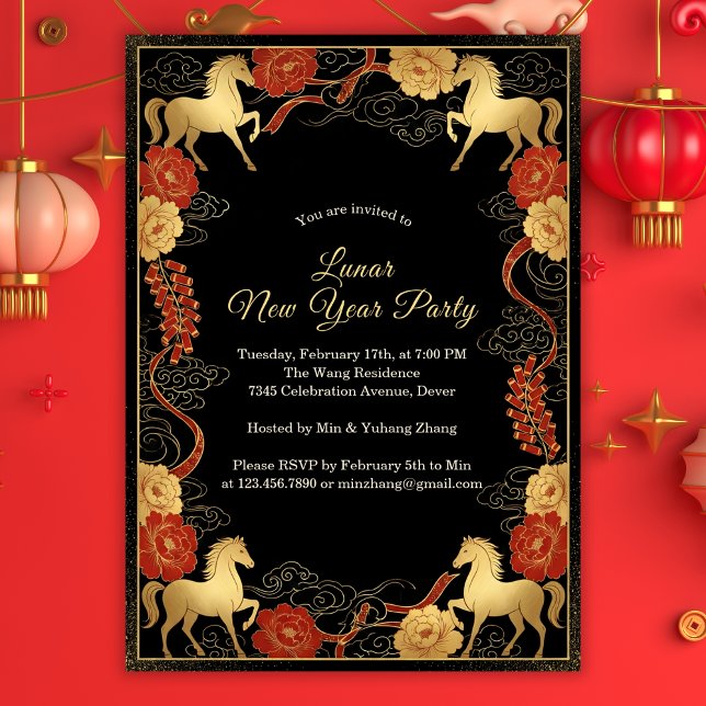 Invitación Lujoso Año del Caballo Año Nuevo Lunar 2026 (Black and Gold Chinoiserie Lunar New Year 2026 Party Invitation)