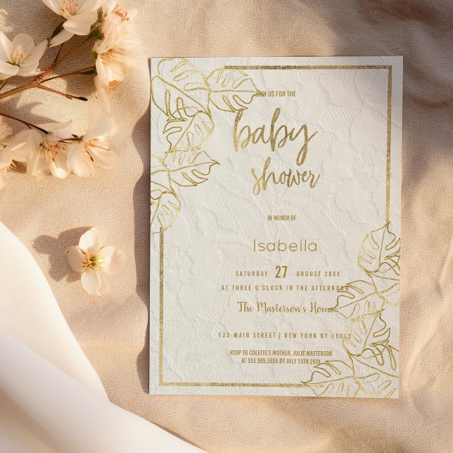 Invitación Lujoso Baby Shower de encaje floral francés de oro (Luxury white gold french floral lace Baby Shower Invitation)