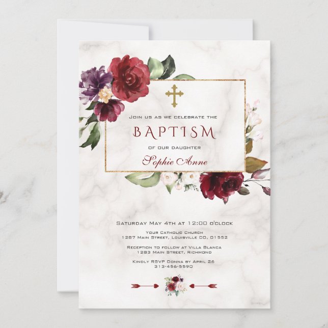Invitación Lujoso Baptismo de Marble con marco floral rosa de (Anverso)