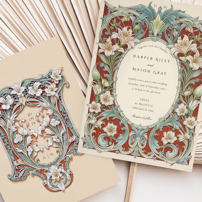 Invitación Lujoso Boda Art Nouveau Lilies Blancos (Subido por el creador)