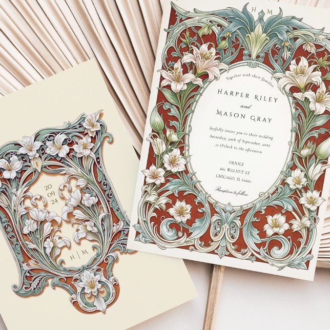 Invitación Lujoso Boda Art Nouveau Lilies Blancos (Subido por el creador)