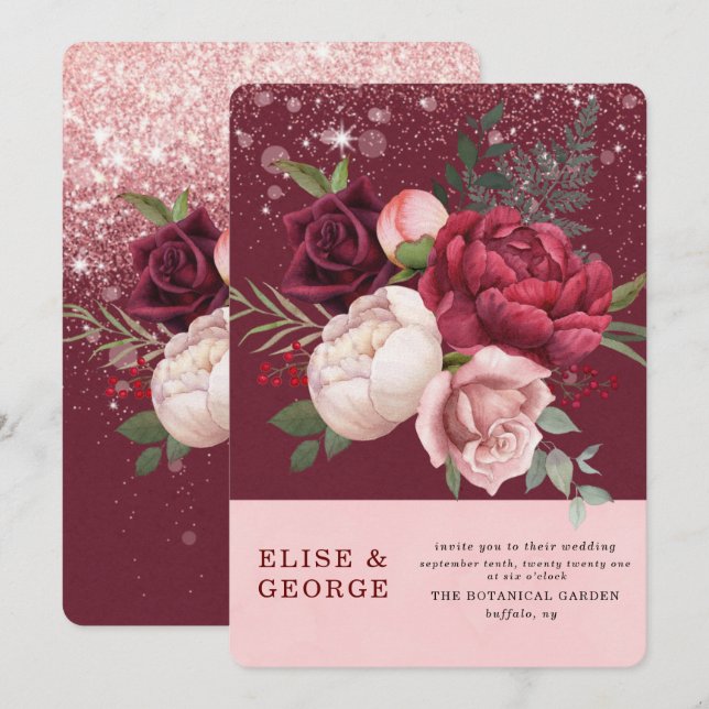 Invitación Lujoso Boda Purpurina de Borgoña Rubor Pink Peony (Anverso / Reverso)