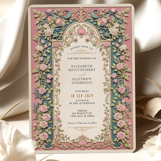 Invitación Lujoso Boda victoriano rosas rosadas y oro (Subido por el creador)
