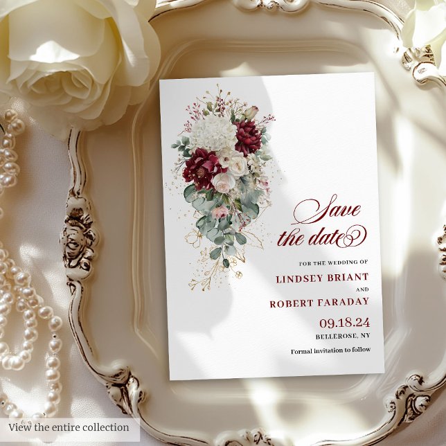 Invitación Lujoso Boho Borgundy White Floral Ahorra La Fecha (Luxe Boho Burgundy White Floral Save The Date)