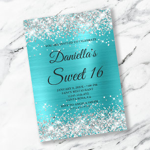 Invitación Lujoso brillo plateado Turquesa azul Foil Sweet 16