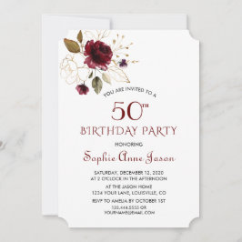 Invitación Lujoso Burgundy Gold Floral 50 cumpleaños Monogram