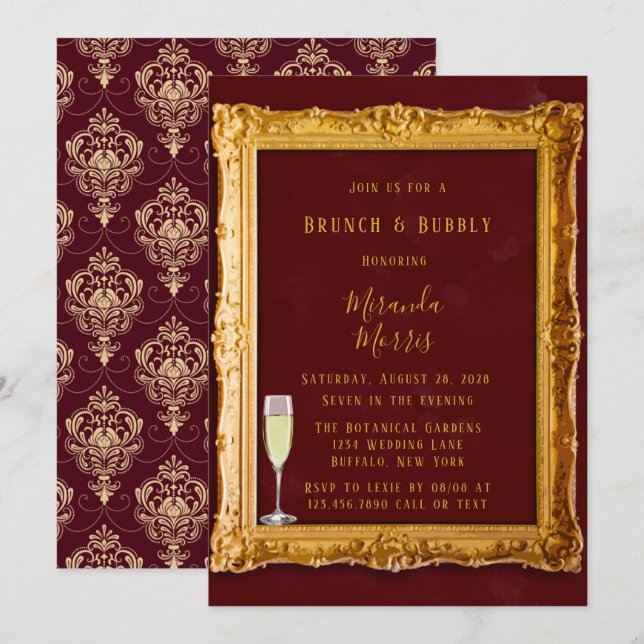 Invitación Lujoso Burgundy & Gold Royal Brunch & Bubbly (Anverso / Reverso)