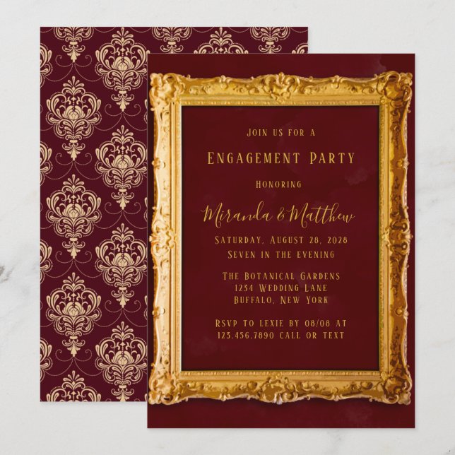 Invitación Lujoso Burgundy y Gold Royal Engagement Party (Anverso / Reverso)