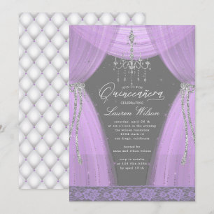 Invitación lujoso candelabro púrpura brillo Quinceañera