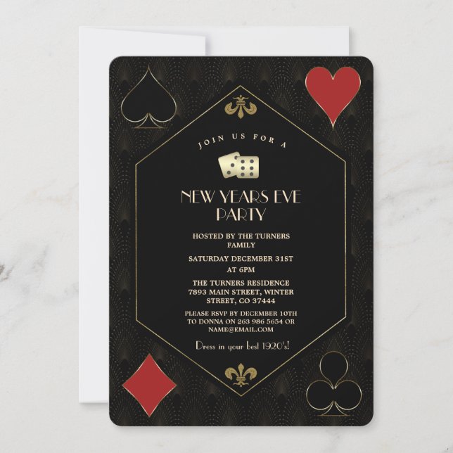 Invitación Lujoso Casino Vegas Gold Gatsby Nochevieja (Anverso)