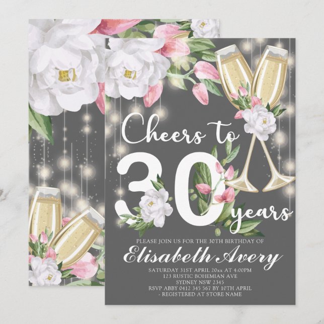Invitación Lujoso Champagne Floral Gray 30 cumpleaños Fiesta (Anverso / Reverso)