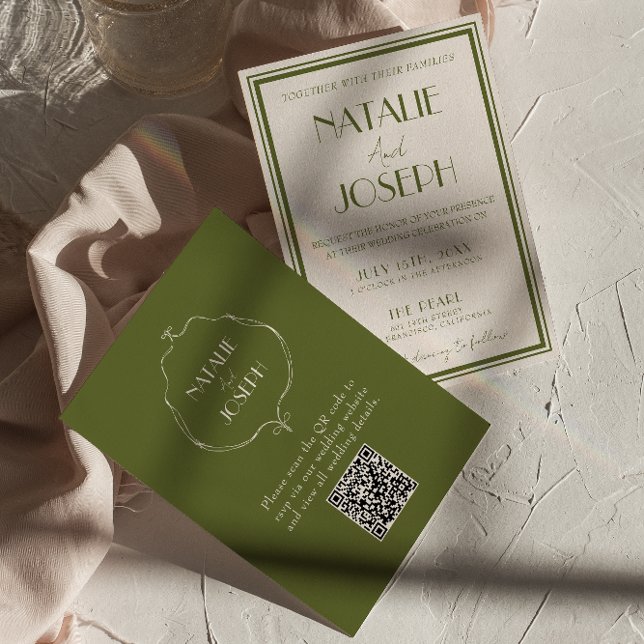 Invitación Lujoso código QR de boda en verde oliva de dinero  (Subido por el creador)