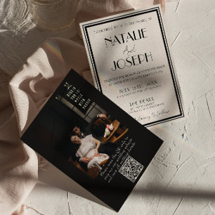 Invitación Lujoso Código QR de Crema Negra Dinero Antiguo Fot