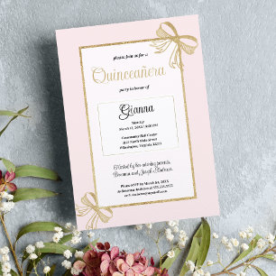 Invitación Lujoso color rosa dorado purpurina arco Quinceañer