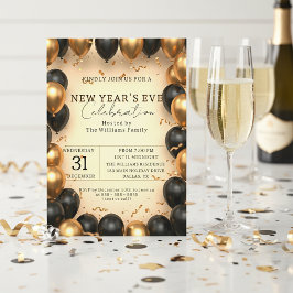 Invitación Lujoso Confeti de Globos de Oro Negro Nochevieja