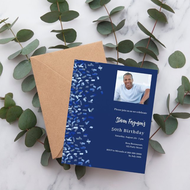 Invitación Lujoso confetti con foto azul marino de cumpleaños (Subido por el creador)