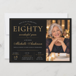 Invitación Lujoso Cumpleaños 80 Elegante en Negro y Dorado co