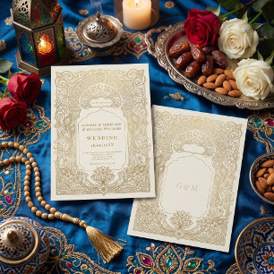 Invitación Lujoso Damero Árabe Dorado Boda Musulmana