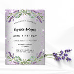 Invitación Lujoso eucalipto de plata de lavanda de cumpleaños<br><div class="desc">Un fondo falso plateado con purpurina falso violeta,  chispas,  flores de lavanda,  flores y vegetación eucalipta. Personalice y agregue su nombre y los detalles del fiesta.</div>