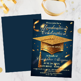 Invitación Lujoso gorro de graduación dorado con confetti