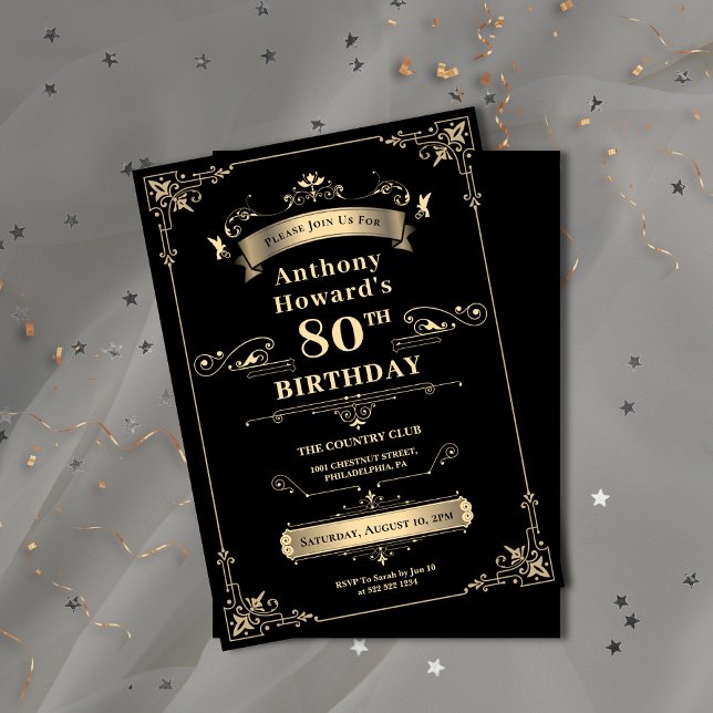 Invitación Lujoso hito de lujo negro y dorado cumpleaños (Luxury Black & Gold Shiny Milestone Age Birthday Invitation)