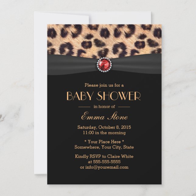 Invitación Lujoso Leopard Ruby Gem Black Ribbon Baby Shower (Anverso)