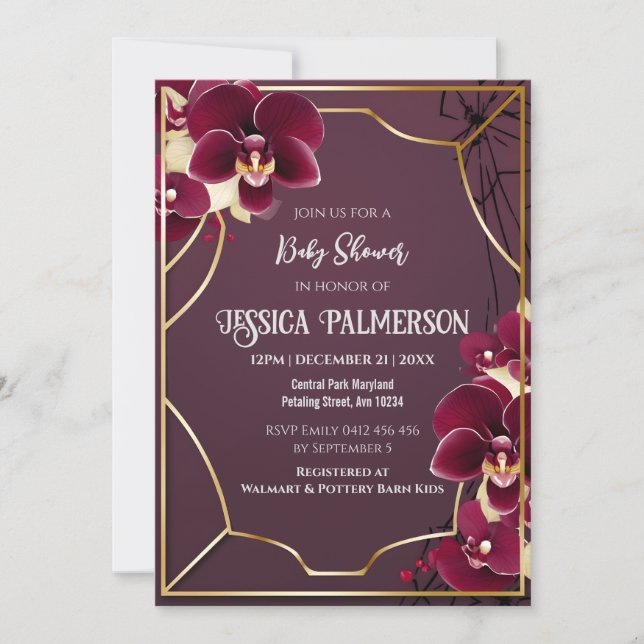 Invitación Lujoso marco Baby Shower Burgundy Orchid (Anverso)