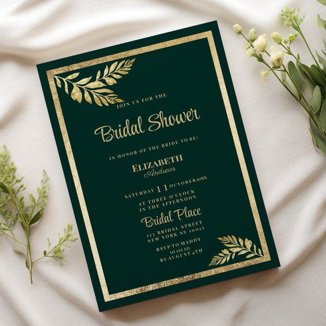 Invitación Lujoso marco de hoja dorada verde oscuro Bridal Sh (Luxury dark green golden leaf frame Bridal Shower)
